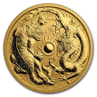 Золотая монета Дракон и Тигр, Au 31.1 гр, 100 долларов.