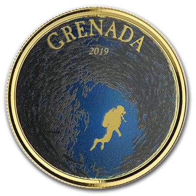 Золотая монета Дайвер, Гренада, в цвете, Au 31.1 г., 10 долларов