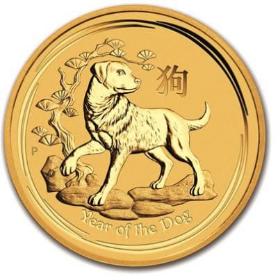 Золотая монета Лунар, год собаки, 25 долларов. 1/4 oz