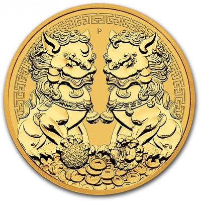 Золотая монета Львы-хранители Пиксиу, Австралия, Au 31.1 г., 100 долларов.