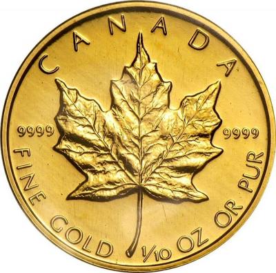 Золотая монета Кленовый лист. Au 3.131 г., 5 долларов.