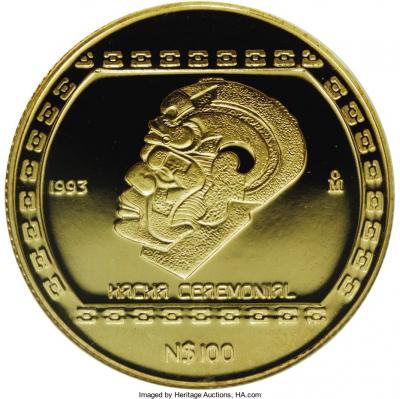Золотая монета Маска Церемониальная. Au 31.1, 100 песо
