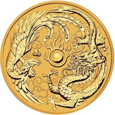 Золотая монета Феникс и Дракон. Au 31.1 гр, 100 долларов.
